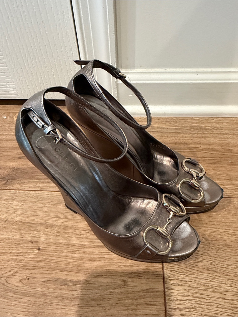 Gucci Metallic Bronze Leather Peep-Toe Wedge Sandals
